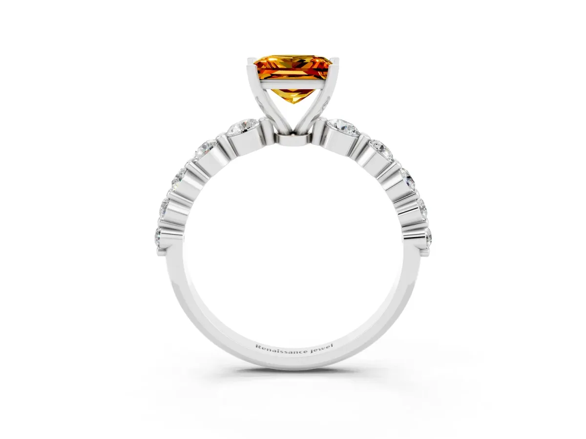 Princess Cut Solitaire Citrine Ring with Pave Band and Four-Prong Setting Silver