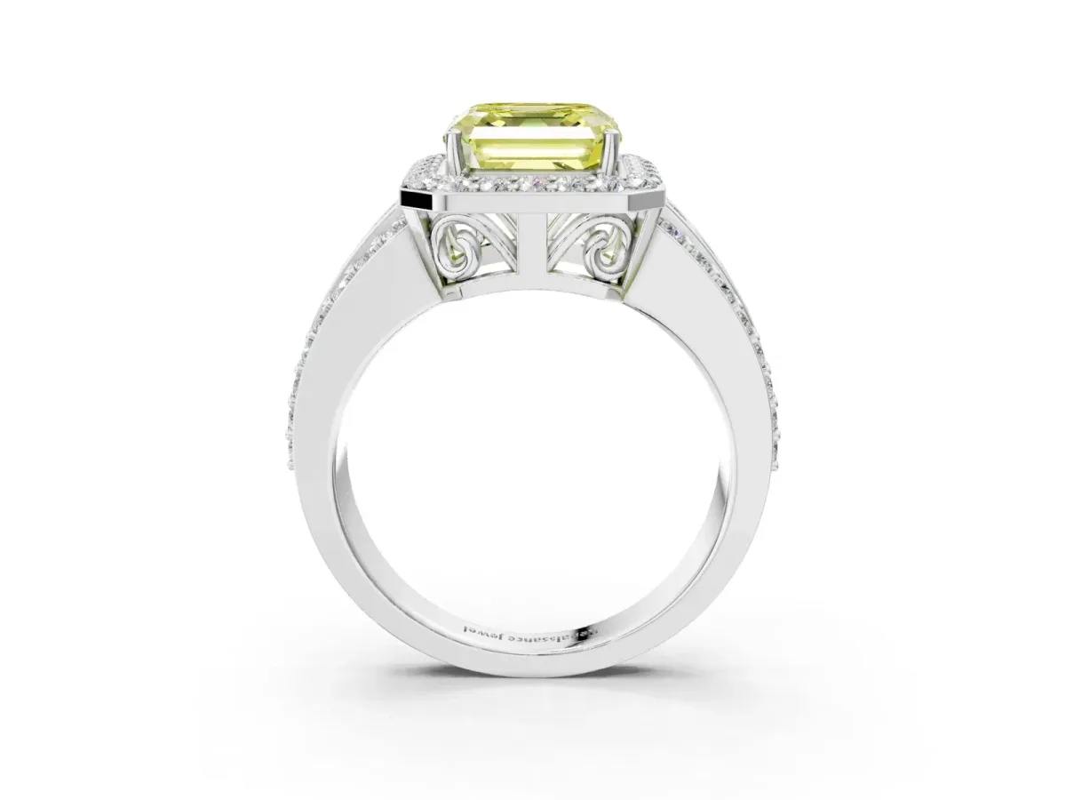 Fancy Yellow Asscher Cut Halo Diamond Ring with Round Split Shank and Prong Setting Silver