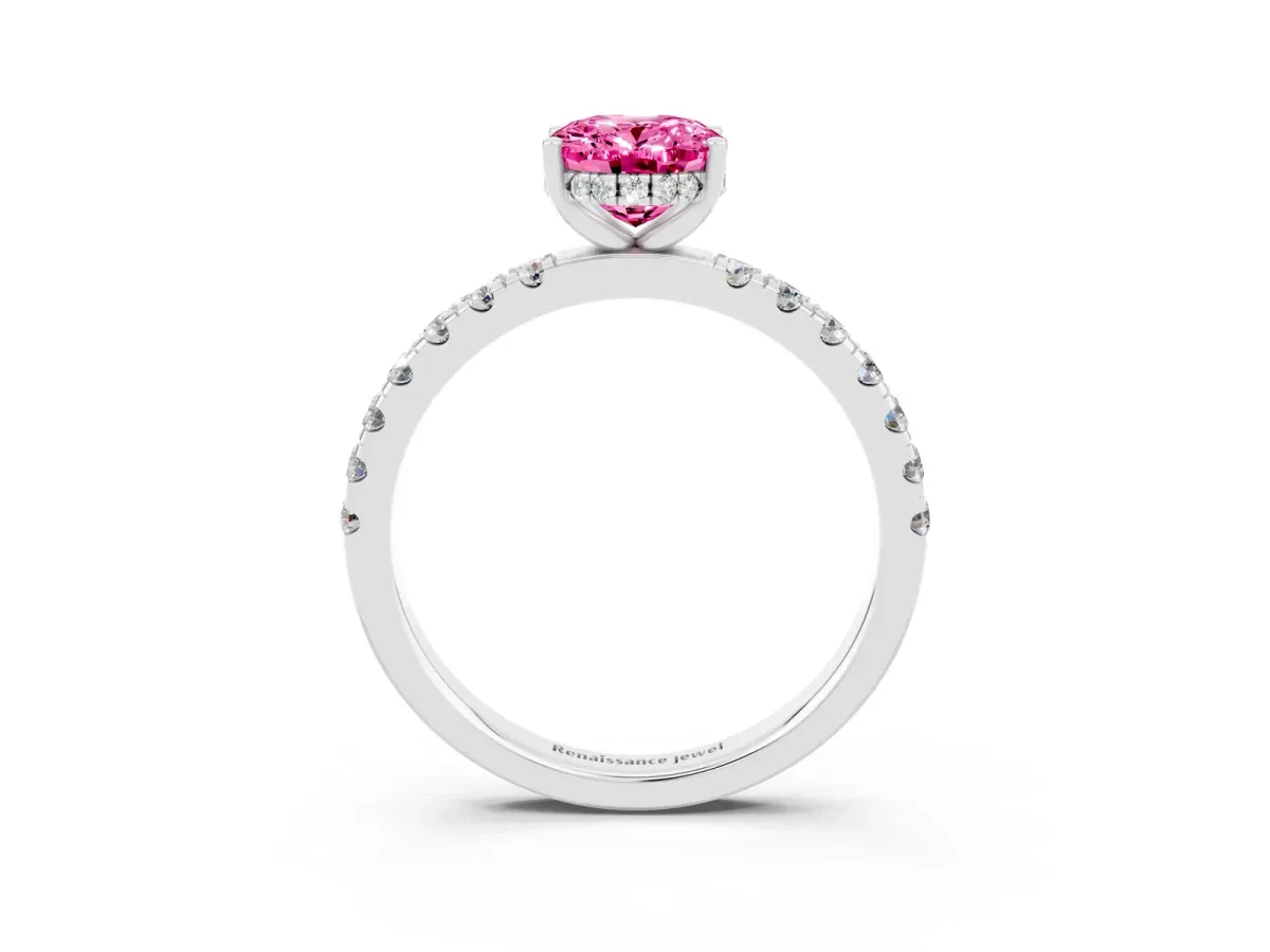 Oval Cut Pink Sapphire Pave Band Solitaire Ring with Round and Prong Setting Platinum