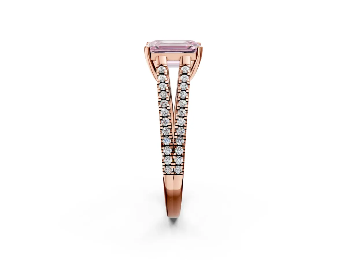 Fancy Pink Emerald Cut Diamond Solitaire Engagement Ring with Split Shank Pavé Band Rose gold