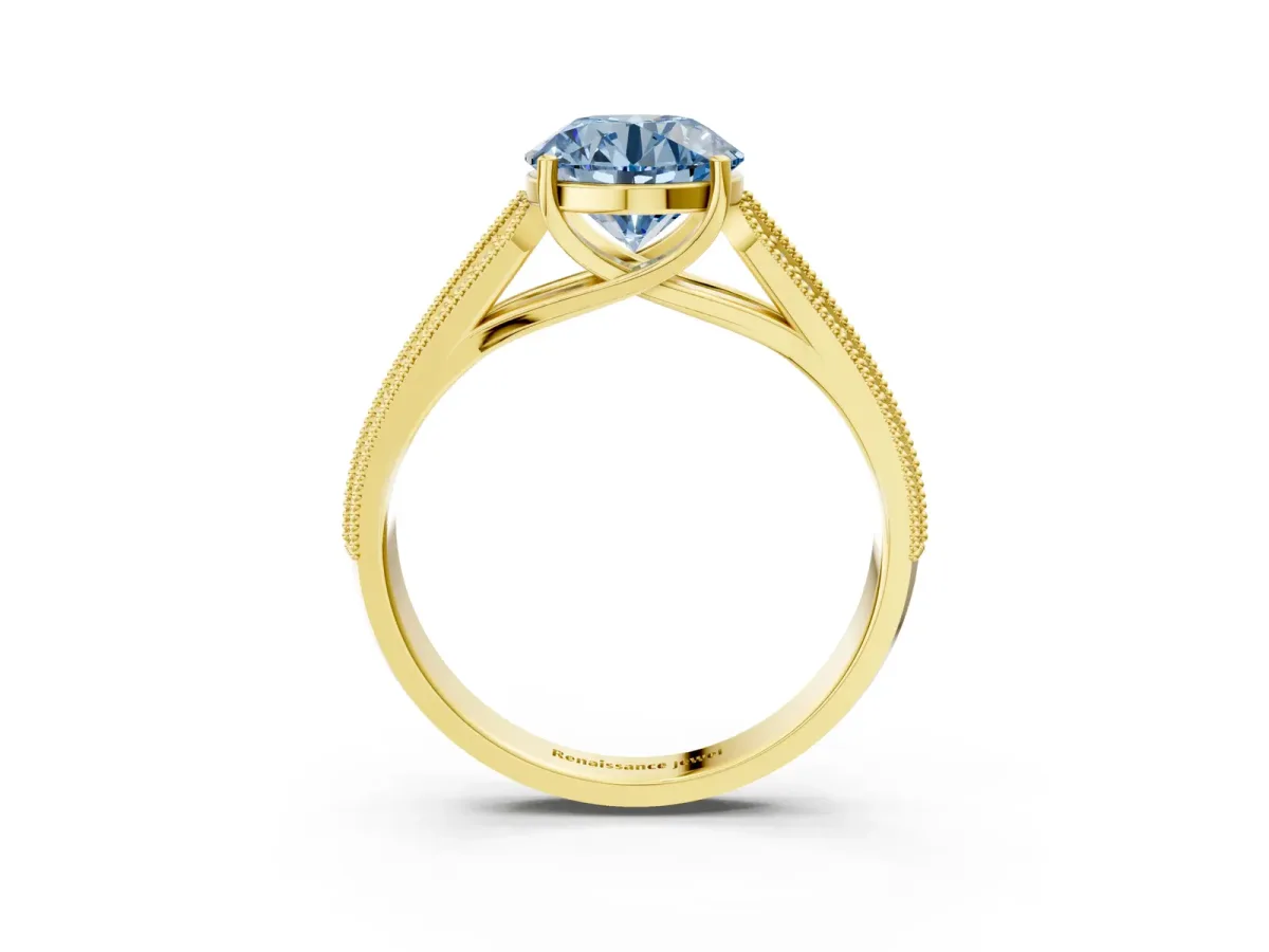 Fancy Blue Round Cut Cut Pave Split Shank Engagement Ring with Four-Prong Setting Yellow gold