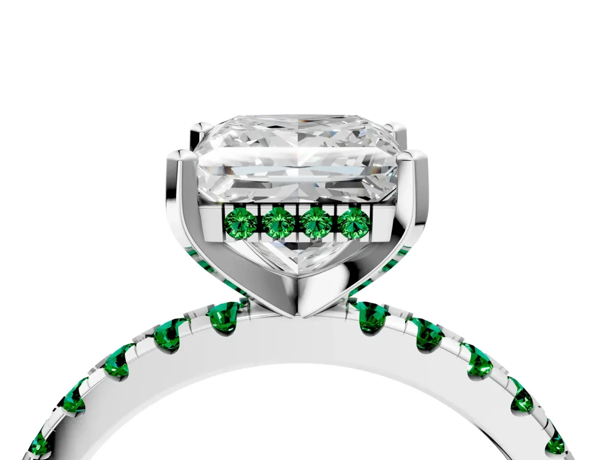 Princess Cut Diamond Solitaire Ring with Round Emerald Pavé Band and Four-Prong Setting Silver