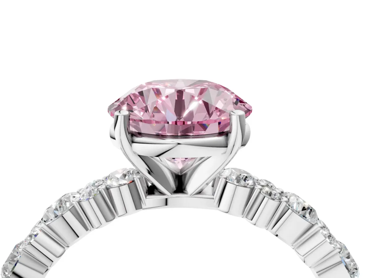 Fancy Pink Round Cut Diamond Side Stone Solitaire Ring with Round and Four-Prong Setting Silver