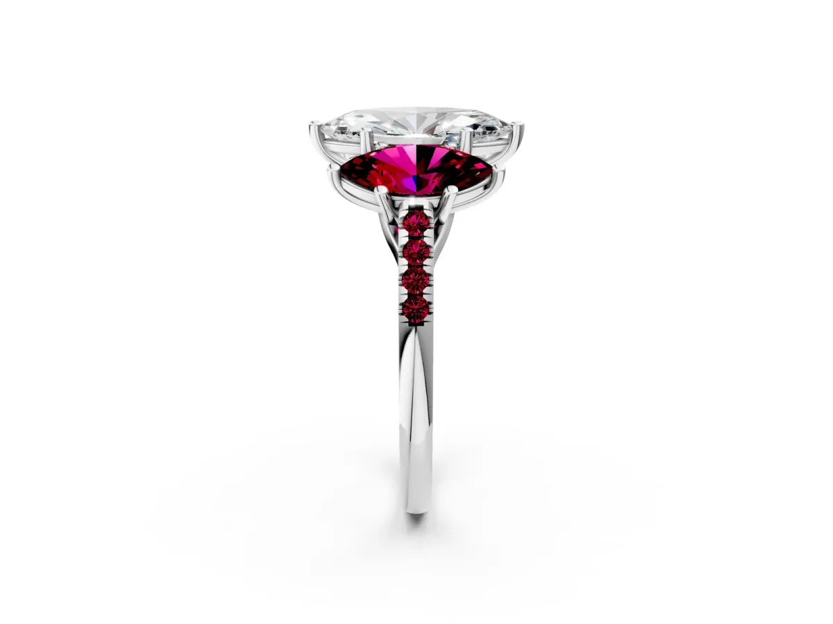 Three-Stone Marquise Cut Diamond Ring with Round Garnet Pavé Band and Prong Setting Platinum