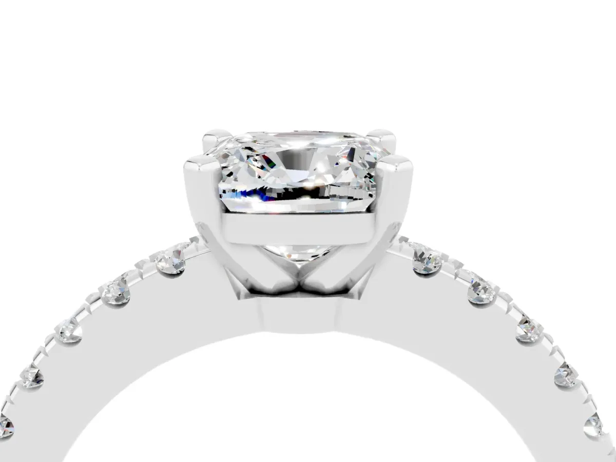 Cushion Cut Solitaire Moissanite with Pavé Band and Four-Prong Setting Silver