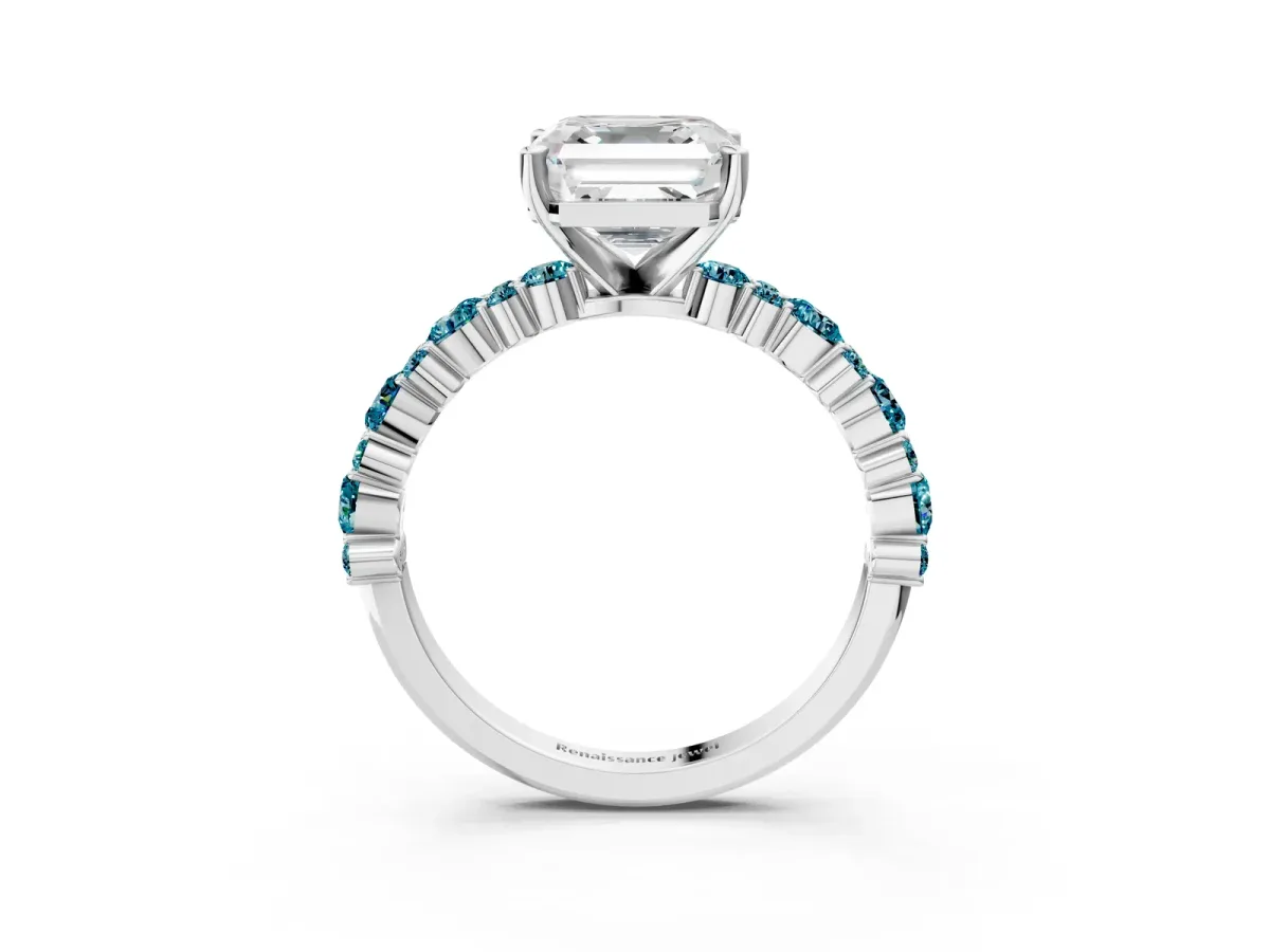 Asscher Cut Diamond Side Stone Solitaire Ring with Round Blue Topaz and Four-Prong Setting Platinum