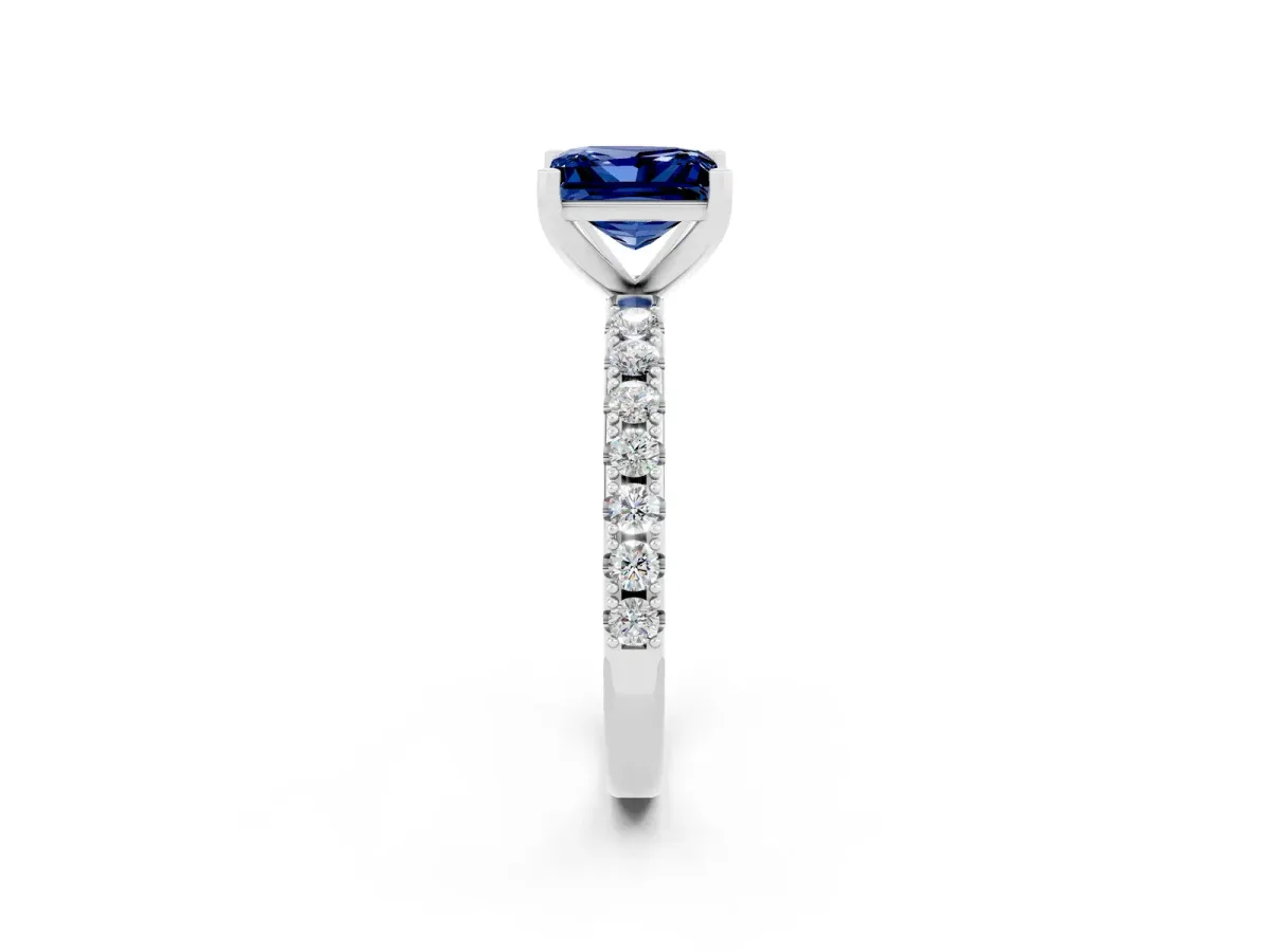Princess Cut Blue Sapphire Solitaire Pavé Band with Four-Prong Setting Silver