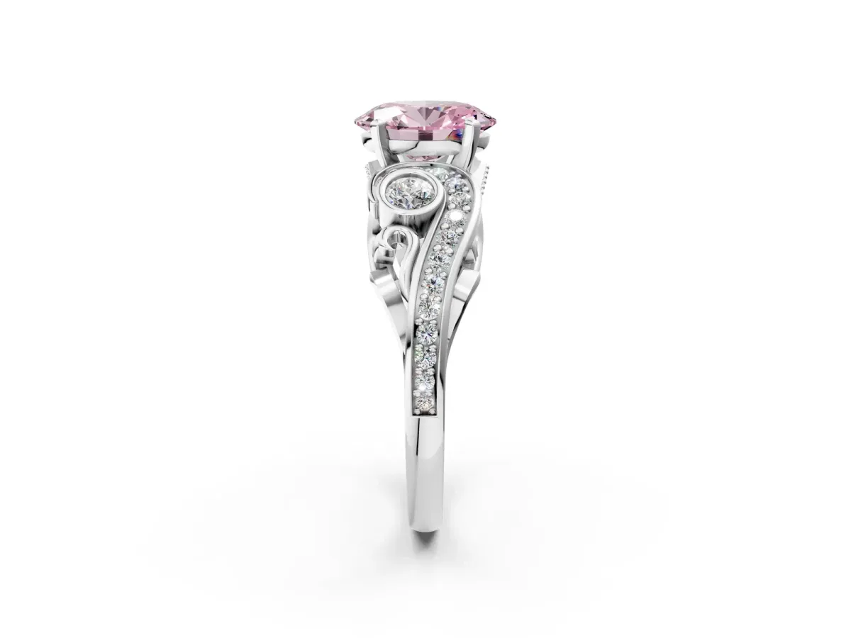 Fancy Pink Oval Cut Diamond Solitaire Ring with Milgrain Pavé Band and Four-Prong Setting Silver
