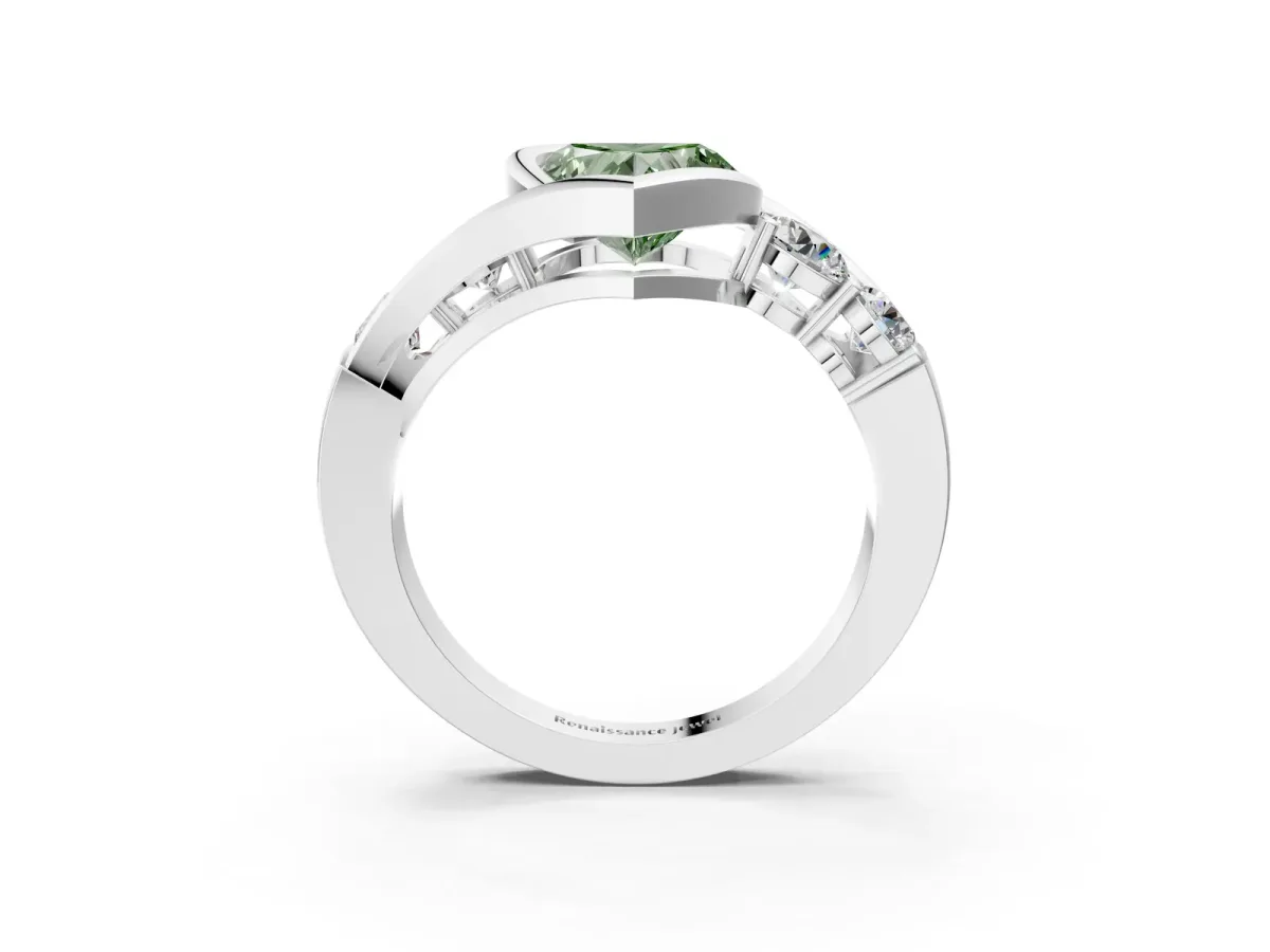 Fancy Green Bezel Set Heart Cut Diamond Bypass Ring with Round Accents Silver