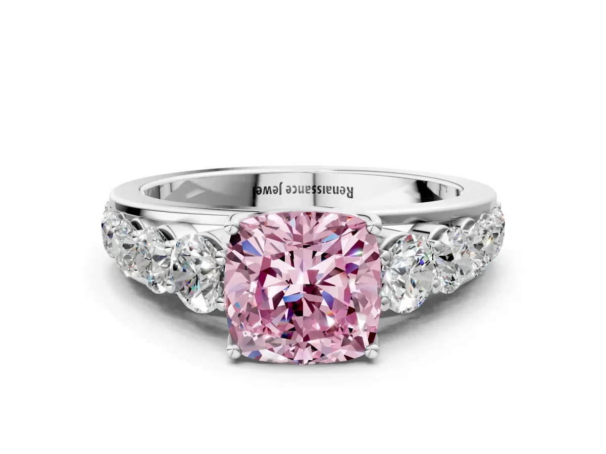 Fancy Pink Cushion Cut Brilliant Diamond Pavé Band with Six-Prong Setting Silver
