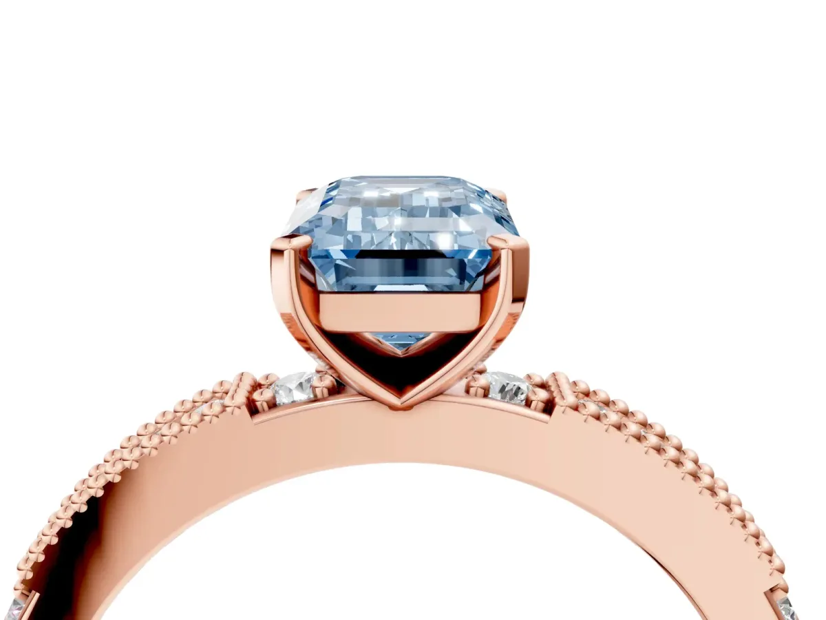 Fancy Blue Emerald Cut Solitaire with Pavé Band and Four-Prong Setting Rose gold
