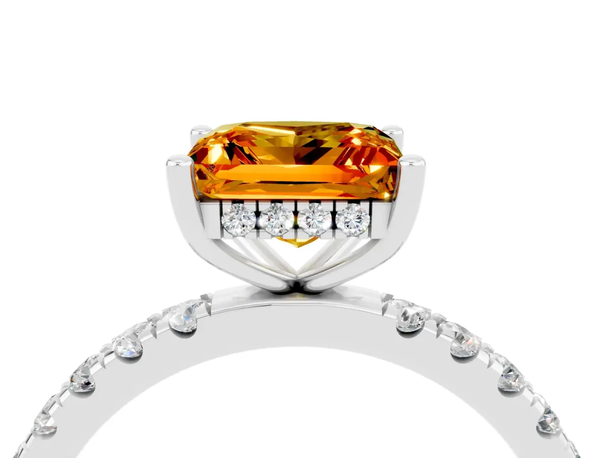 Princess Cut Citrine Pave Band Solitaire Ring with Round and Prong Setting Platinum