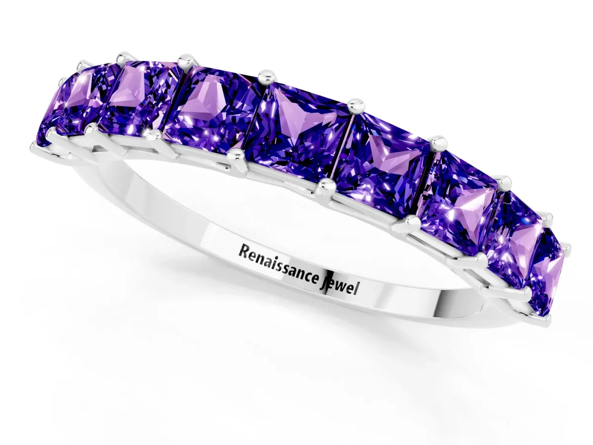 Princess Cut Tanzanite Channel-Set Eternity Band with Prong Setting Silver