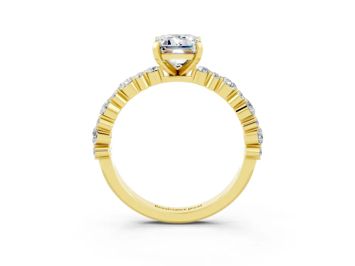 Emerald Cut Moissanite Side Stone Solitaire Ring with Round and Four-Prong Setting Yellow gold