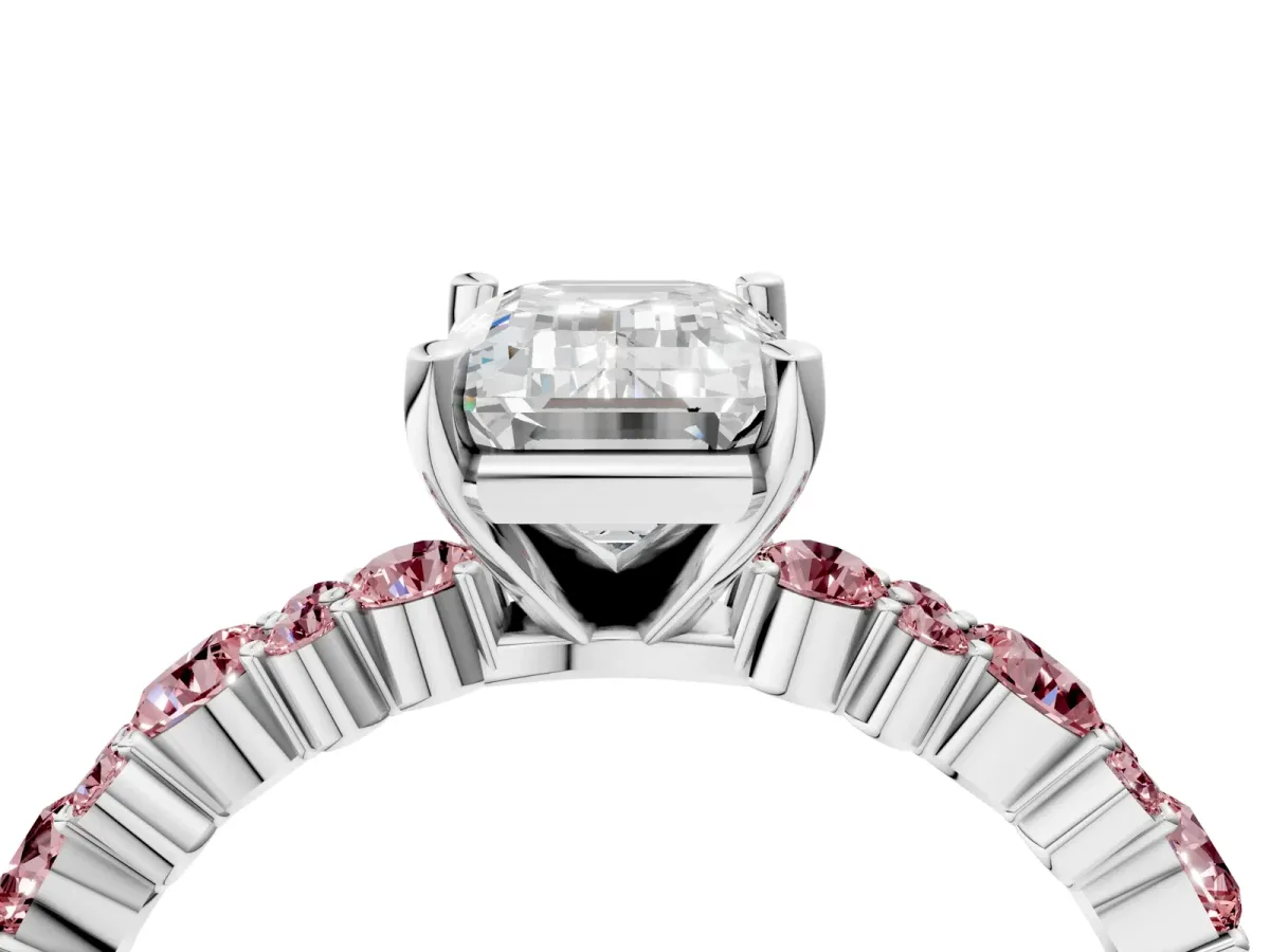 Emerald Cut Diamond Side Stone Solitaire Ring with Round Morganite and Four-Prong Setting Platinum