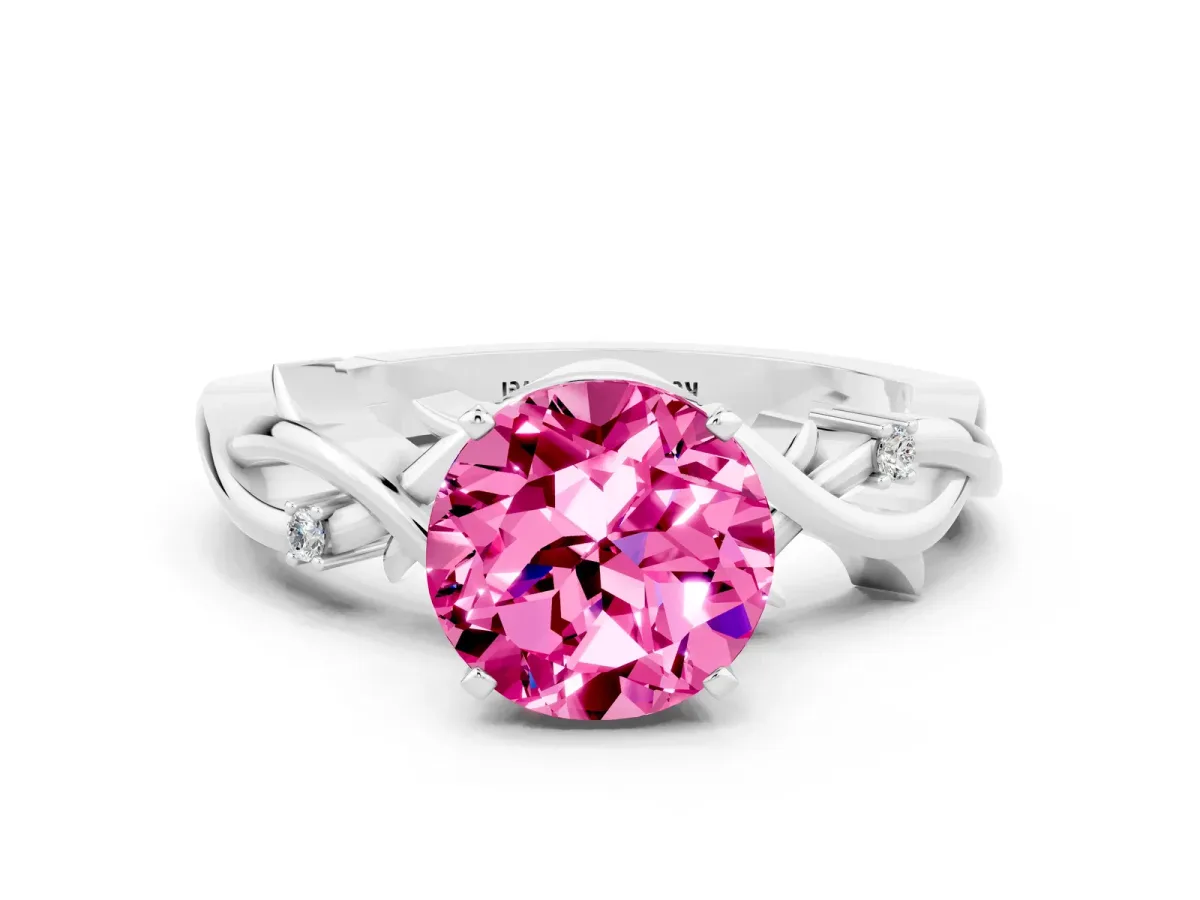 Round Cut Pink Sapphire Solitaire Ring with Twisted Band and Prong Setting Platinum