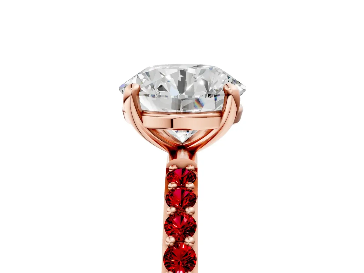 Round Cut Diamond Solitaire Ring with Round Ruby Pavé Band and Prong Setting Rose gold