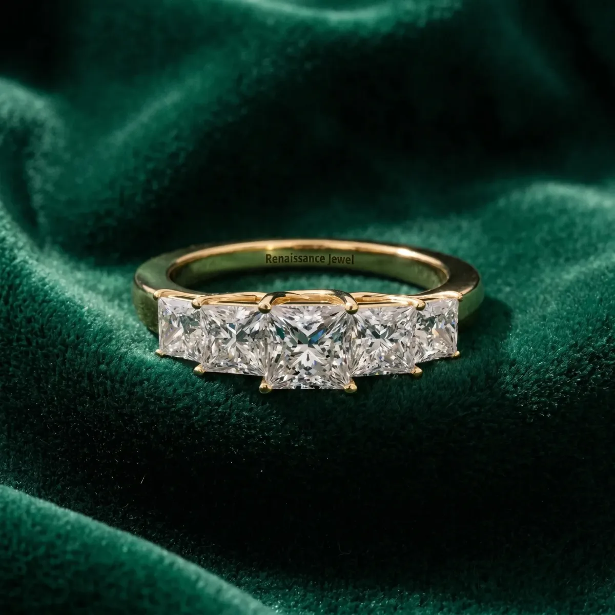 Princess Cut Five-Stone Diamond Ring with Classic Prong Setting Yellow gold