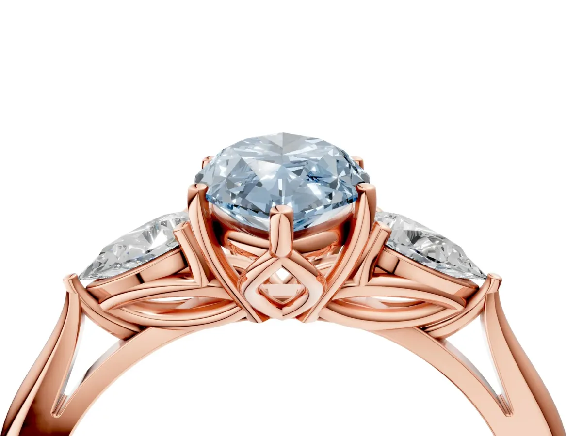Fancy Blue Marquise Cut Diamond Three-Stone Ring with Pear Side Stones and Prong Setting Rose gold