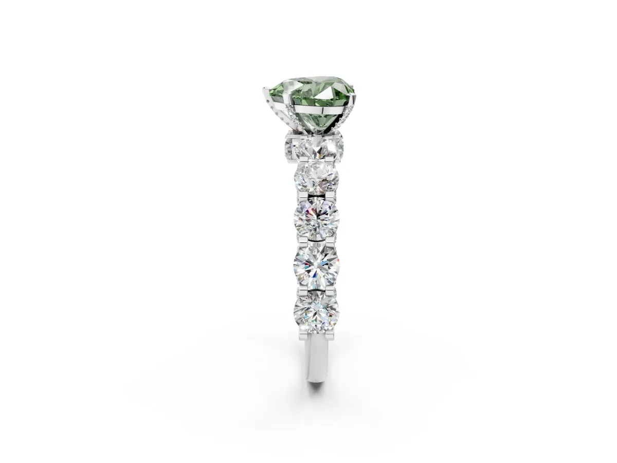 Fancy Green Heart Cut Diamond Side Stone Engagement Ring with Four-Prong Setting White gold