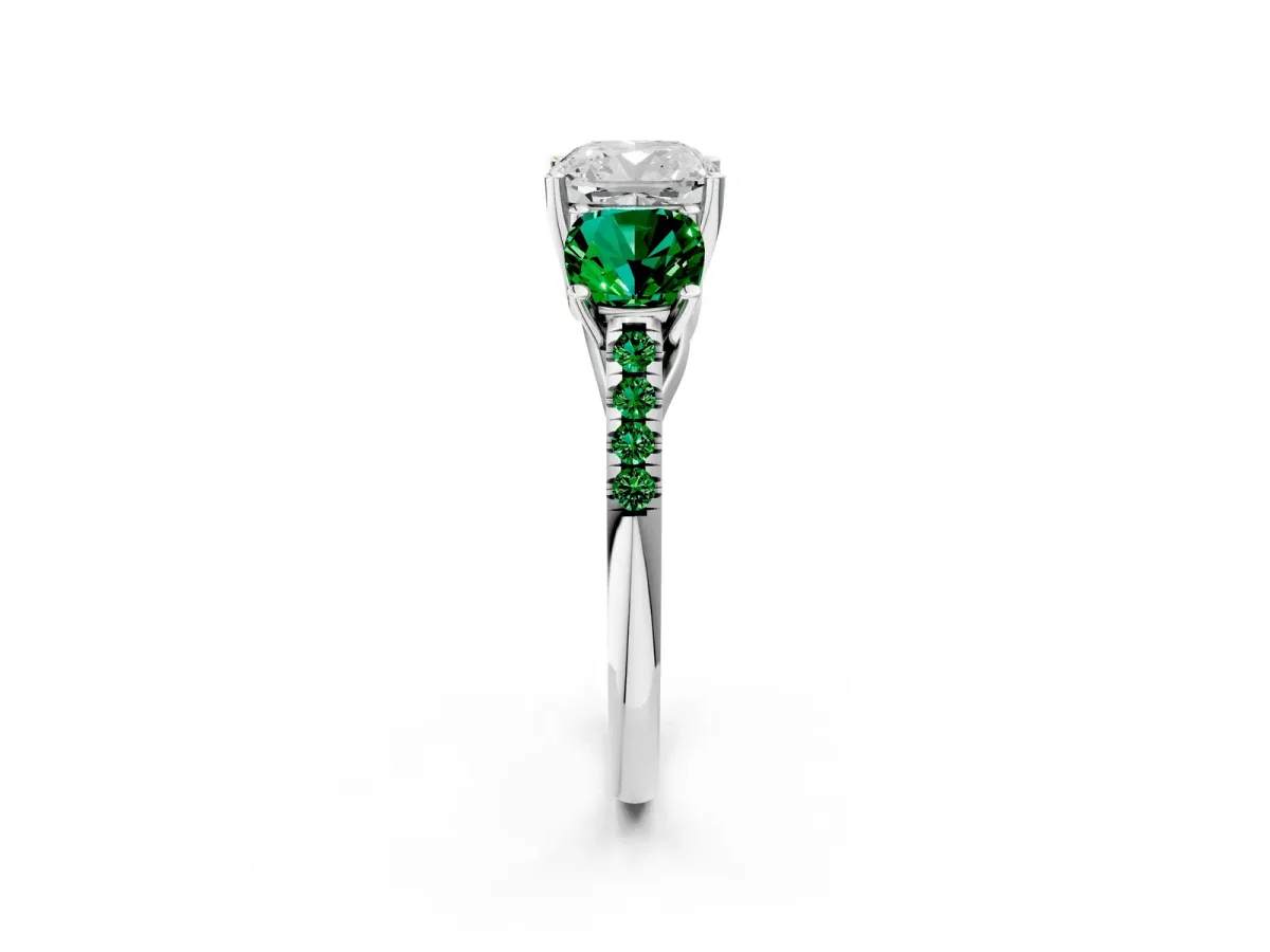 Three-Stone Cushion Cut Diamond Ring with Round Emerald Pavé Band and Prong Setting Silver