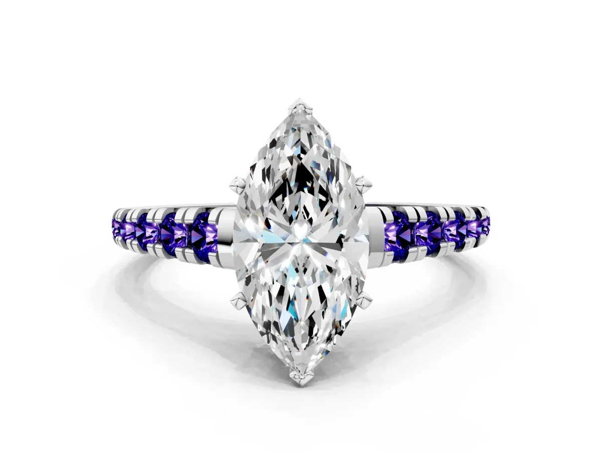 Marquise Cut Diamond Cathedral Solitaire Ring with Round Tanzanite Pavé Band Silver