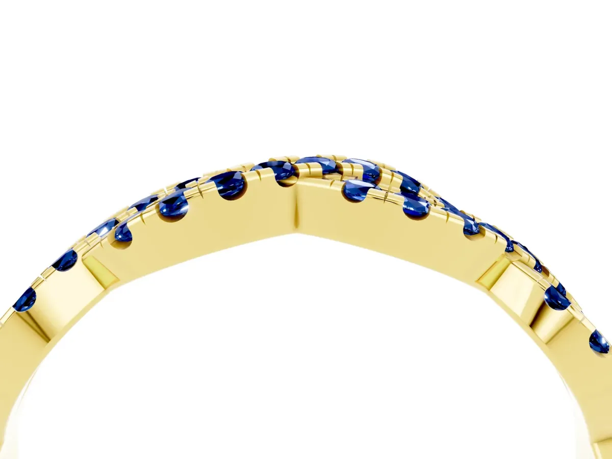 Round Blue Sapphire Twisted Eternity Band with Pavé and Shared Prong Setting Yellow gold