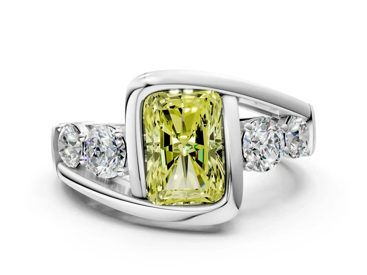 Fancy Yellow Bezel Set Radiant Cut Diamond Bypass Ring with Round Accents Platinum