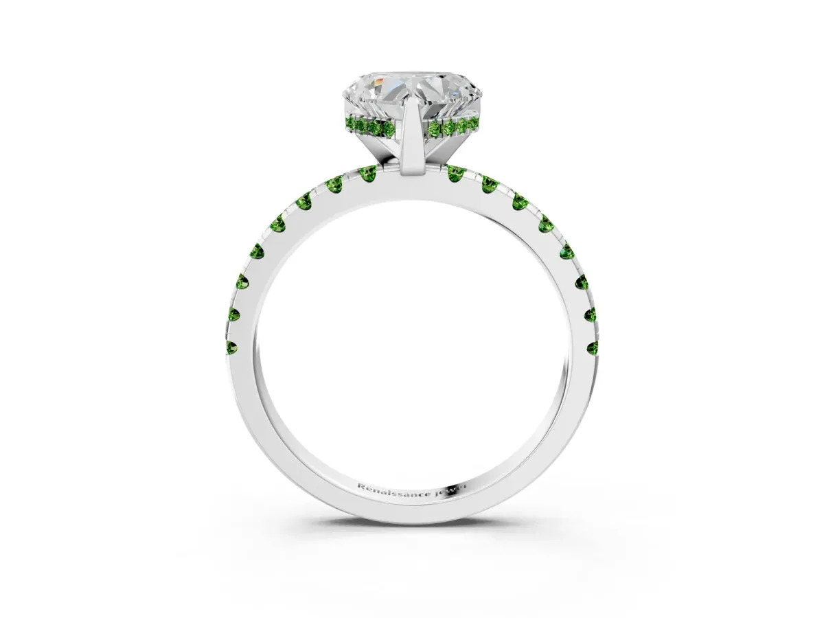Heart Cut Diamond Solitaire Ring with Round Peridot Pavé Band and Four-Prong Setting Silver
