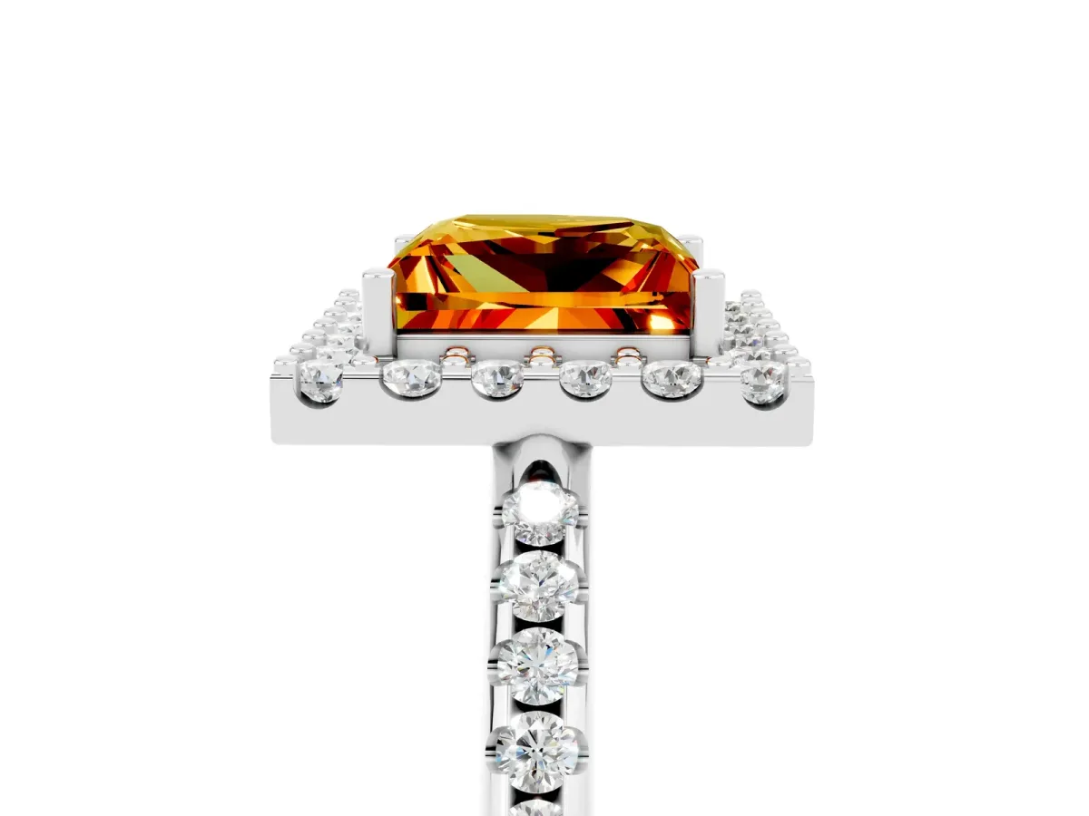 Princess Cut Citrine Pavé Halo Ring with Four-Prong Setting White gold