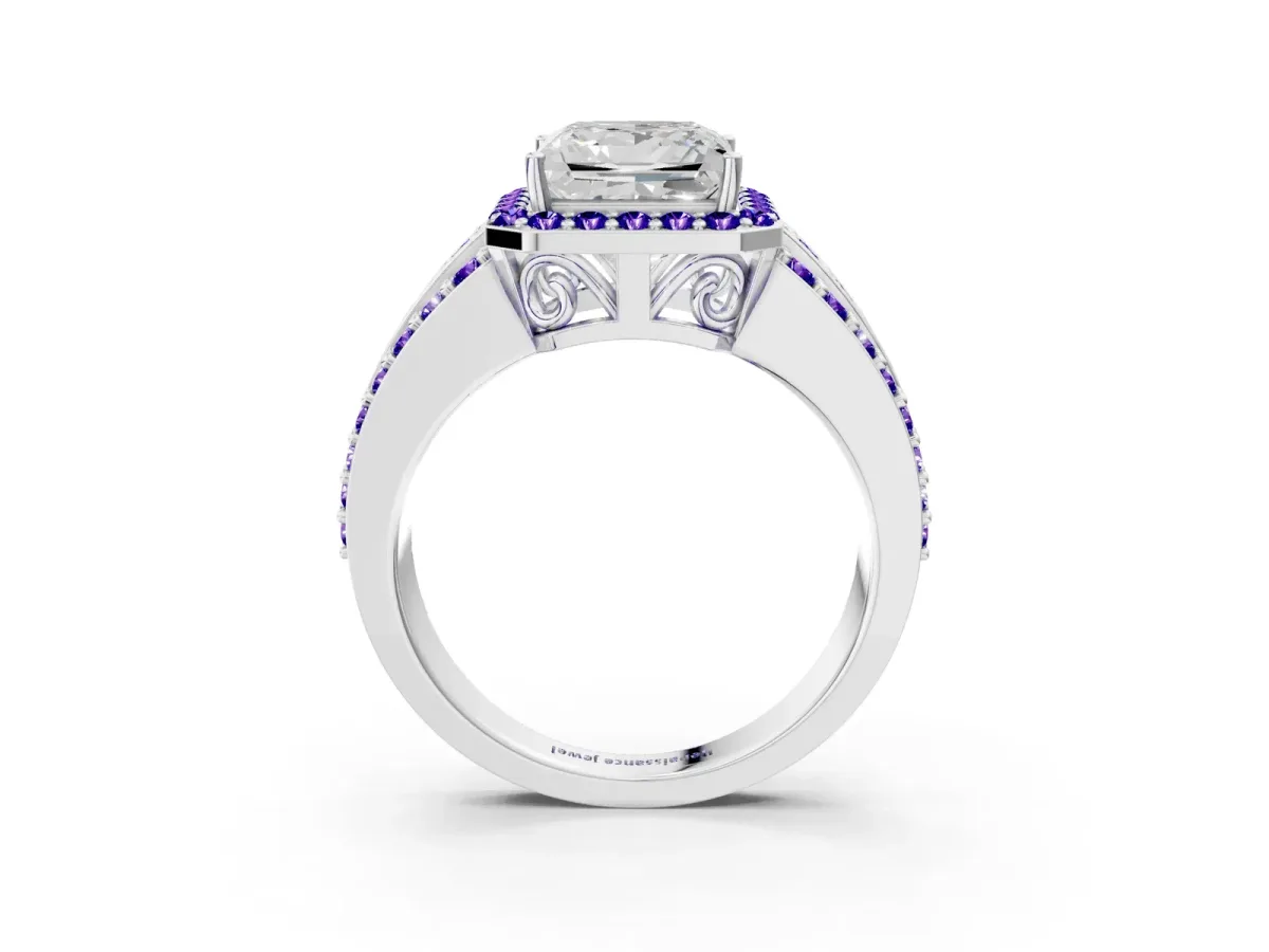 Princess Cut Halo Diamond Ring with Round Tanzanite Split Shank and Prong Setting Silver