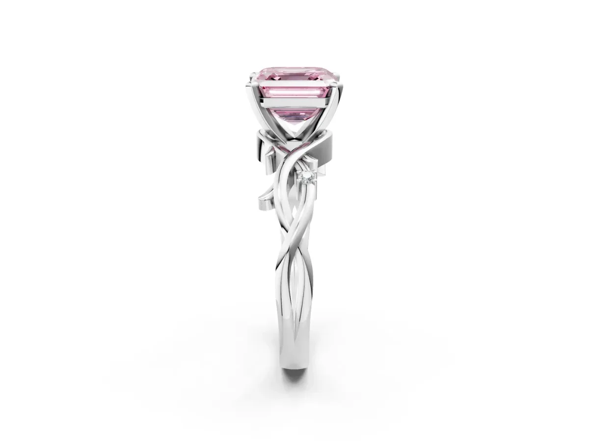 Fancy Pink Asscher Cut Diamond Solitaire Ring with Twisted Band and Prong Setting Silver