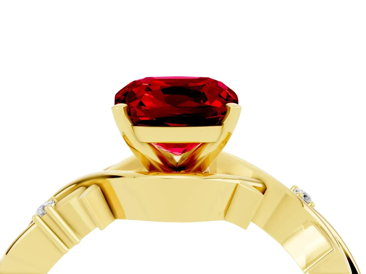 Cushion Cut Ruby Solitaire Ring with Twisted Band and Prong Setting Yellow gold