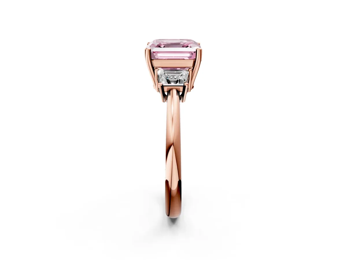 Fancy Pink Asscher Cut Diamond Three-Stone Ring with Trapezoid Side Stones and Prong Setting Rose gold