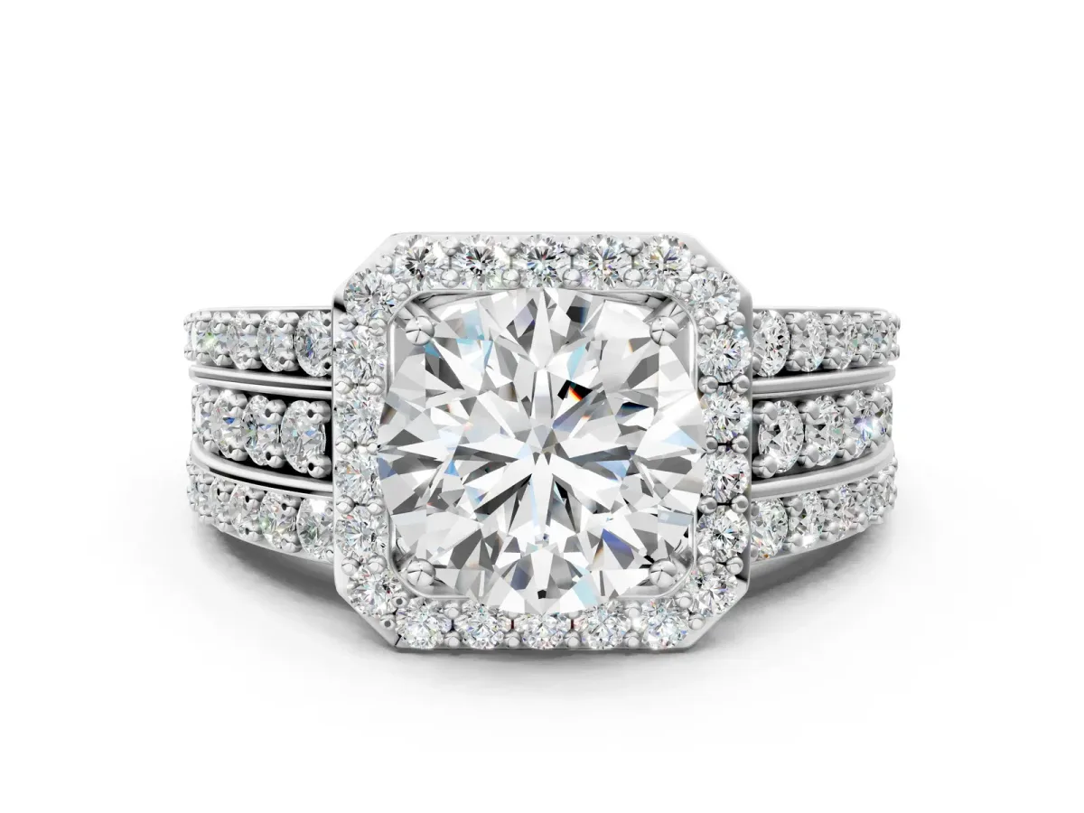 Round Cut Halo Diamond Ring with Round Moissanite Split Shank and Prong Setting Silver