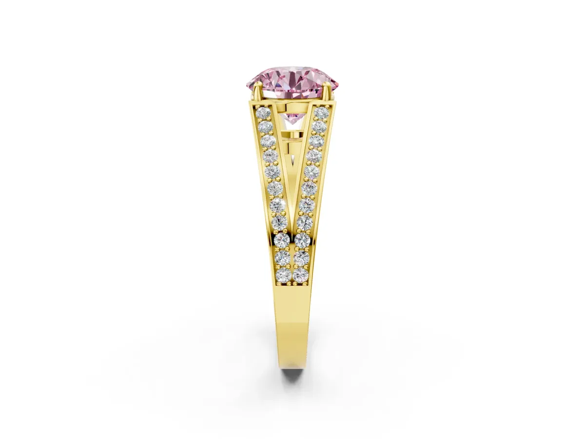 Fancy Pink Round Cut Diamond Split Shank Ring with Pavé Band and Four-Prong Setting Yellow gold