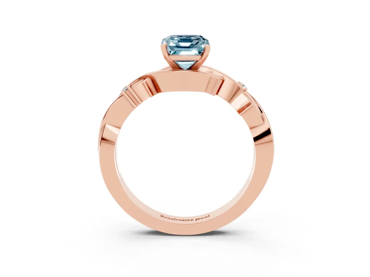 Emerald Cut Aquamarine Solitaire Ring with Twisted Band and Prong Setting Rose gold