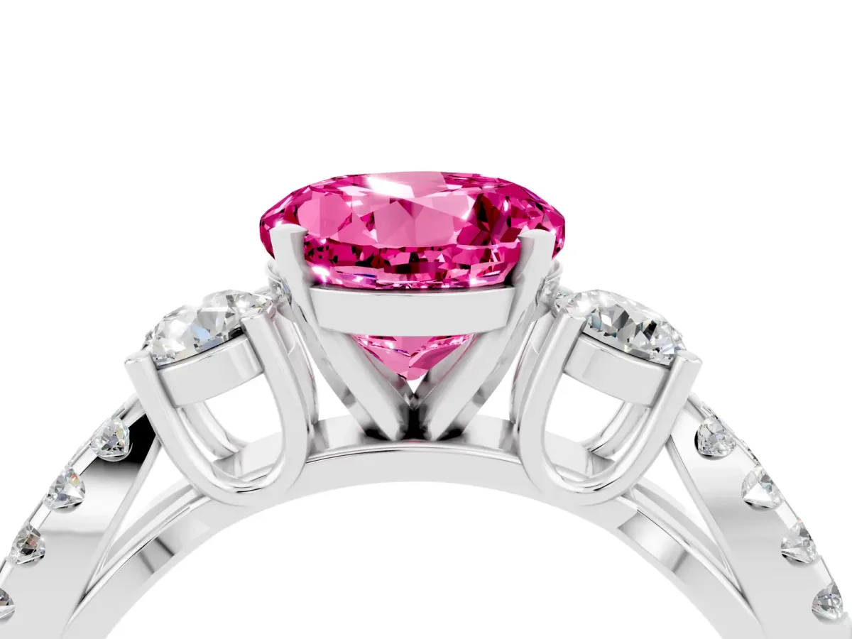 Round Cut Pink Sapphire Three-Stone Ring with Pavé Split Shank and Four-Prong Setting Silver