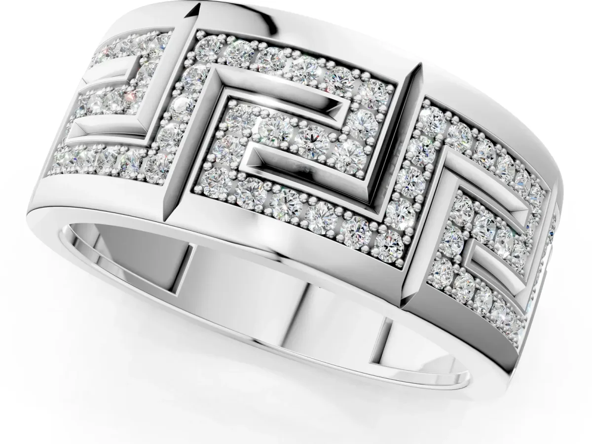 Round Diamond Pavé Greek Key Mens Band Silver