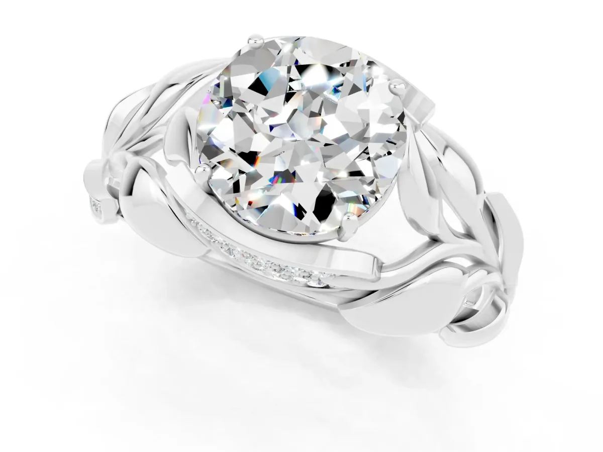 Round Cut Moissanite Leaf-Inspired Engagement Ring with Round Accents and Prong Setting Silver