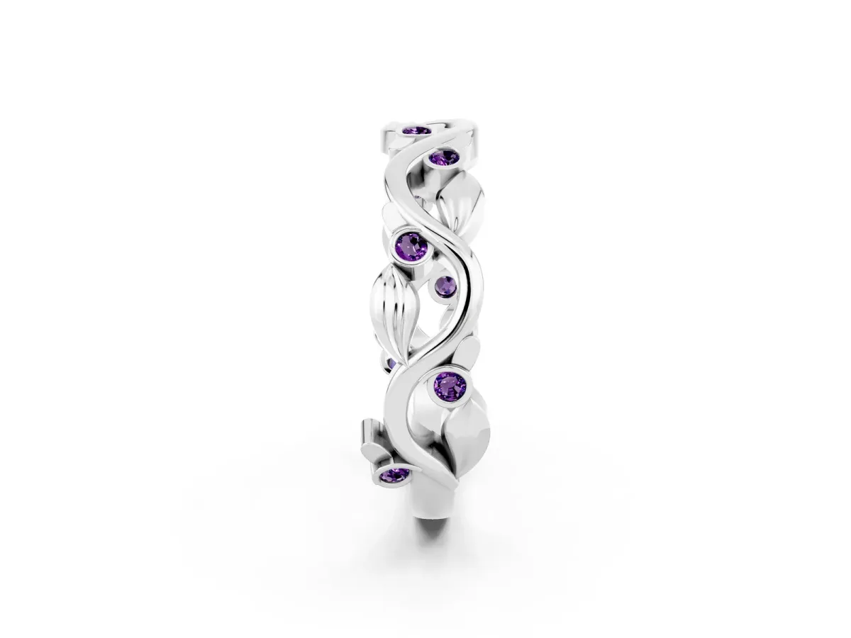 Round Amethyst Leaf Eternity Band with Bezel Setting White gold