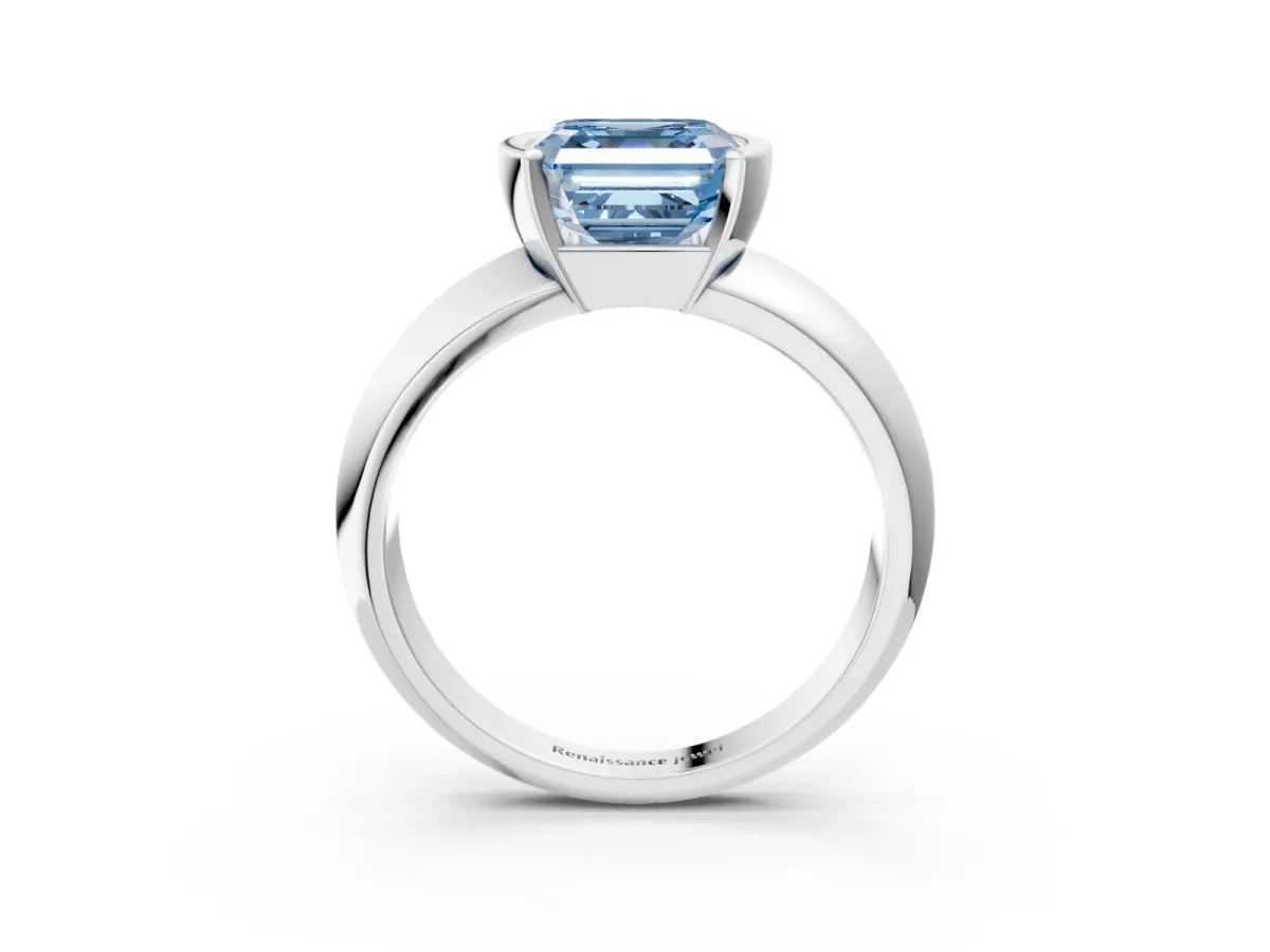 Fancy Blue Asscher Cut Solitaire Tension Set Diamond Ring with Wide Band Platinum