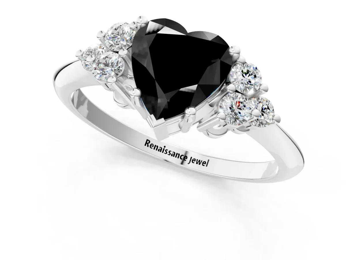 Fancy Black Heart Cut Cut Diamond Cluster Ring with Solitaire Band and Four-Prong Setting Platinum