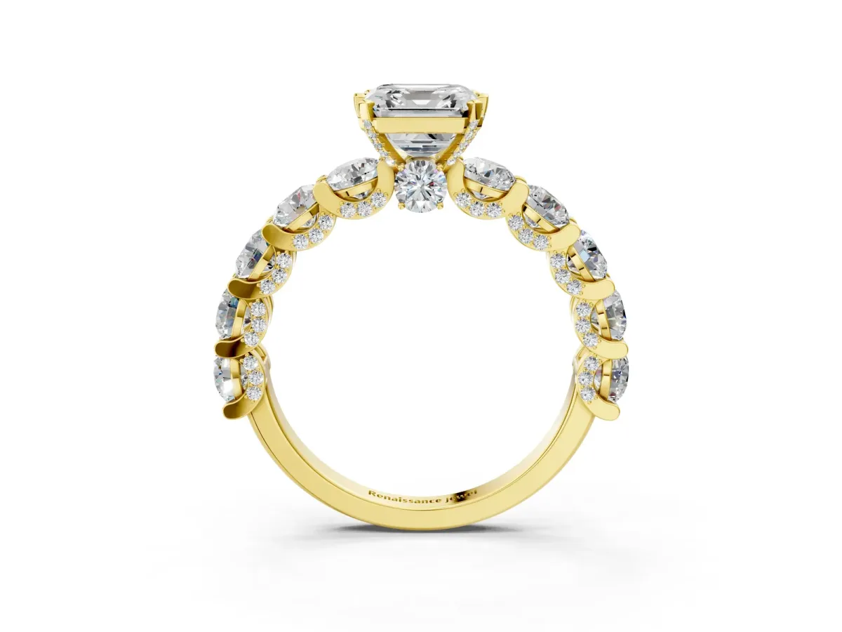 Asscher Cut Diamond Side Stone Engagement Ring with Four-Prong Setting Yellow gold