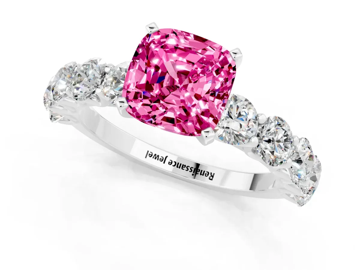 Cushion Cut Pink Sapphire Prong Setting with Side Stones on a Pave Band Silver