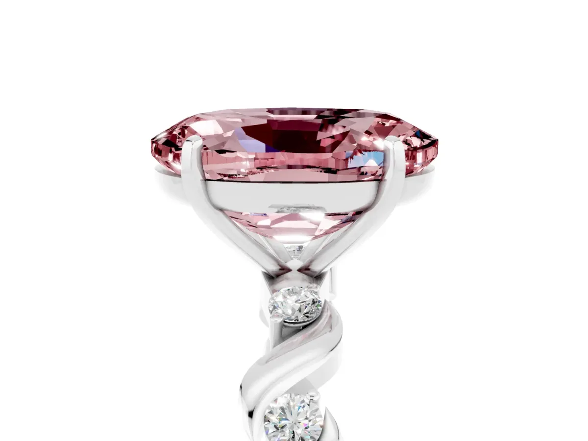 Oval Cut Morganite Solitaire Twisted Band with Round Accents and Prong Setting Silver