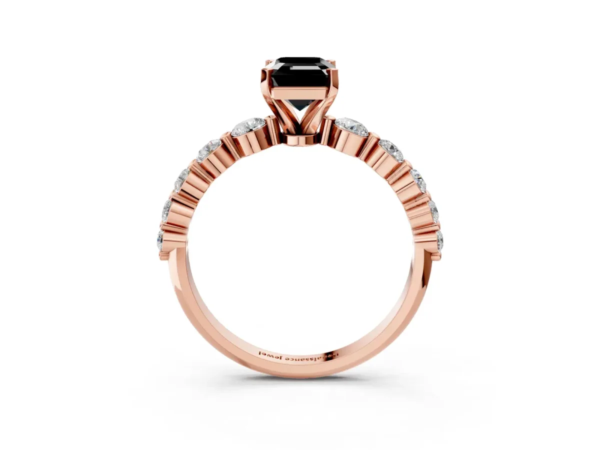 Fancy Black Emerald Cut Solitaire Diamond Ring with Pave Band and Four-Prong Setting Rose gold