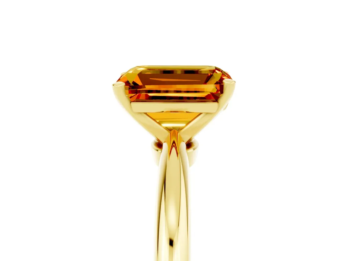 Emerald Cut Citrine Solitaire Ring with Six-Prong Setting and Classic Band Yellow gold
