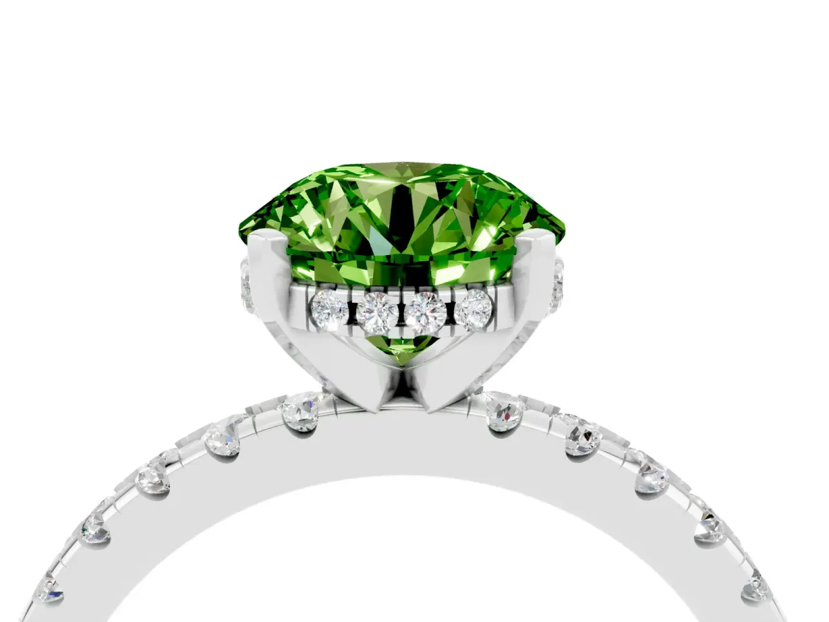 Round Cut Peridot Solitaire Ring with Round Pavé Band and Four-Prong Setting Silver