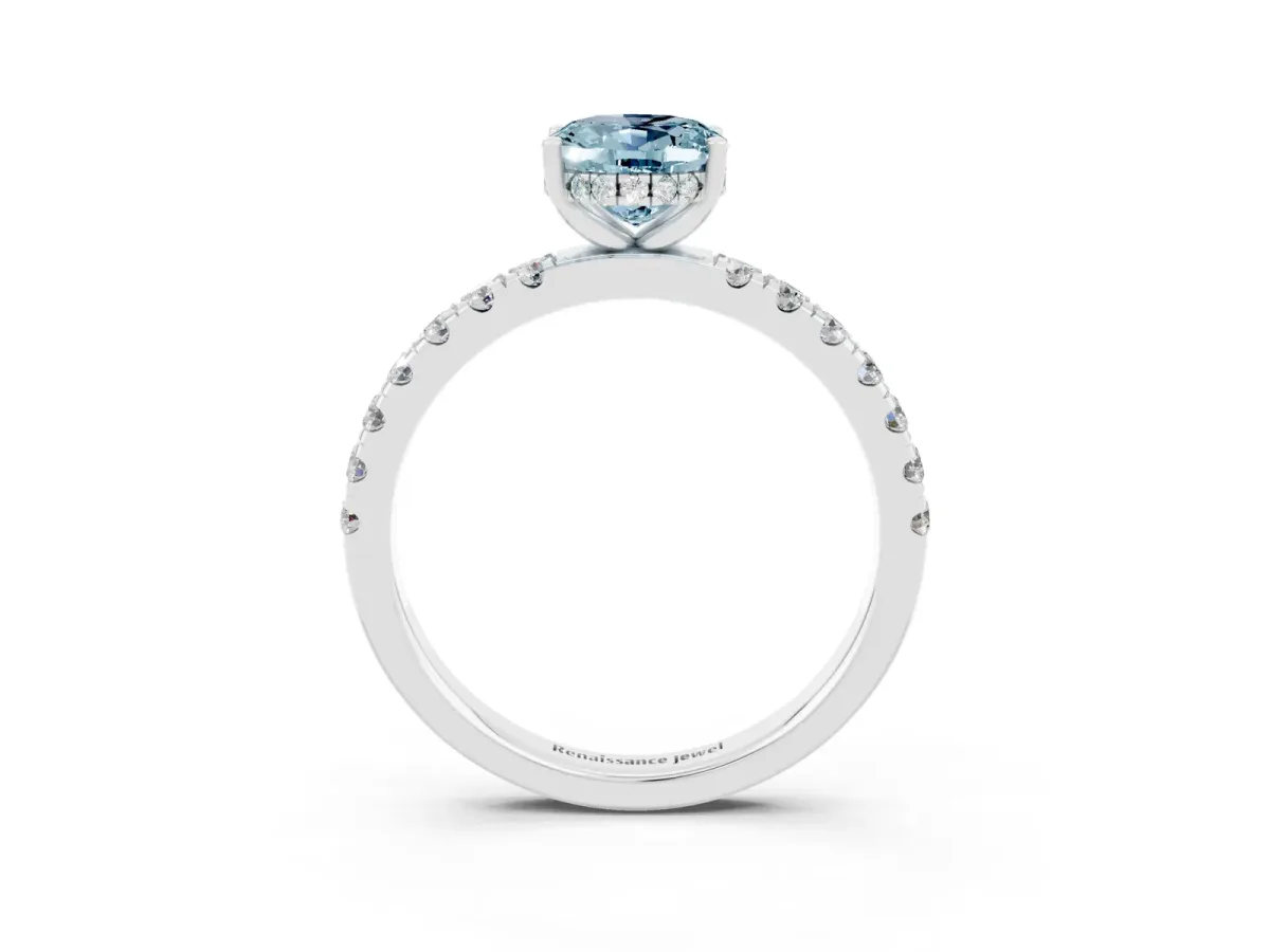 Oval Cut Aquamarine Pave Band Solitaire Ring with Round and Prong Setting Platinum